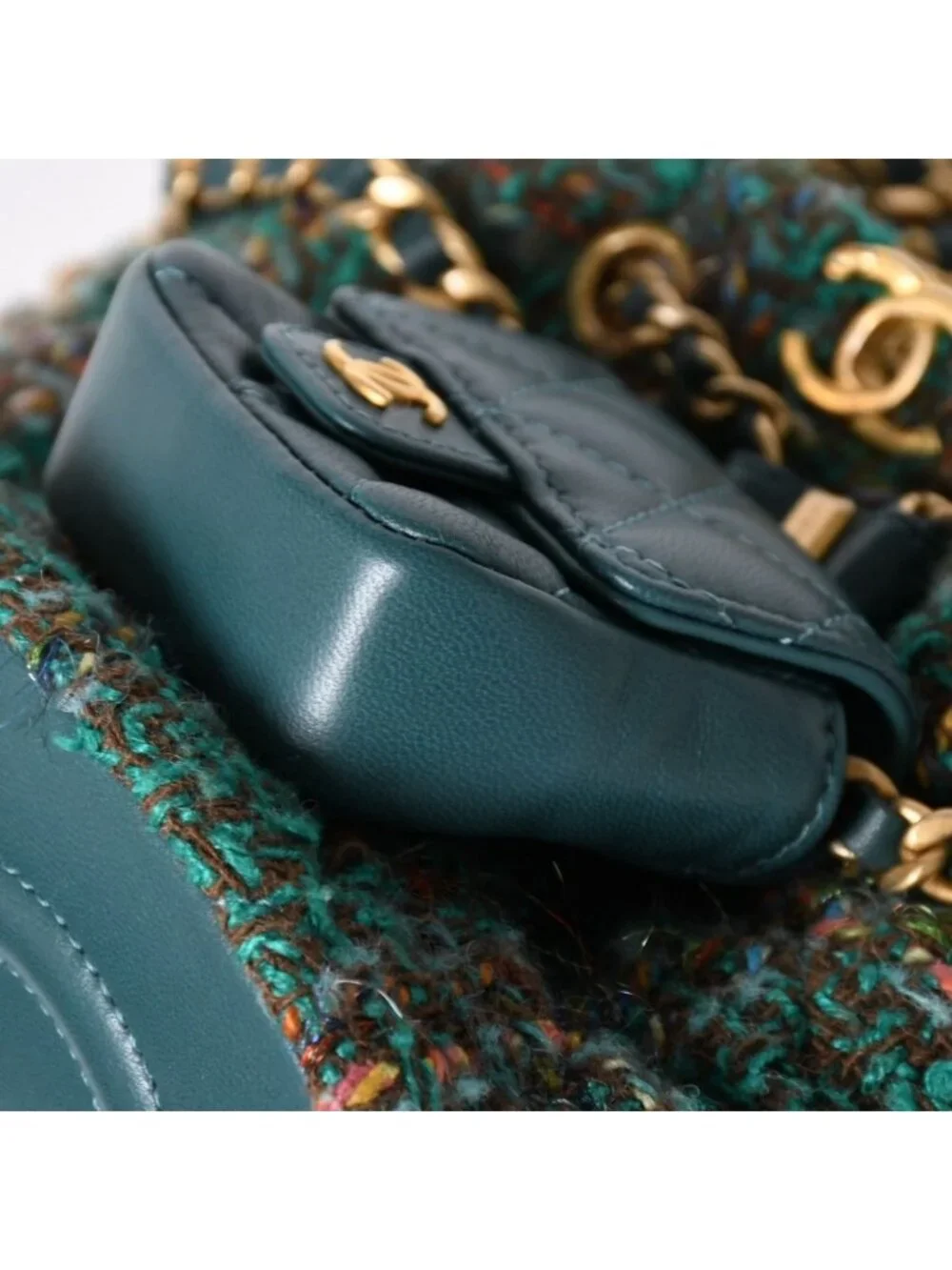 Chanel Small Backpack Base CC Logo Tweed Lambskin Green Gold